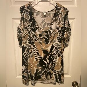 CJ Banks Black and Tan Floral Blouse